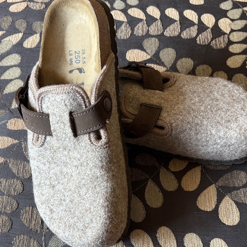 Betula by Birkenstock Wool Mule Clog Grey with Brown Accents 39 Narrow